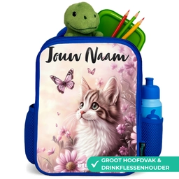 Kitten - Vlinders - Paars - Bloemen Kinderrugzak - Blauw middel -inhoud_NL