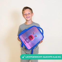 Roze harig monster met grote ogen Kinderrugzak - Blauw middel -sfeer1_NL