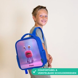 Roze harig monster met grote ogen Kinderrugzak - Blauw middel -sfeer3_NL