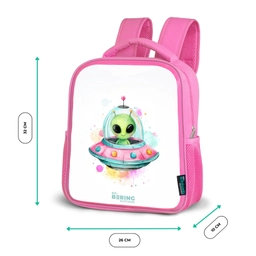 Groene alien in kleurrijke UFO Kinderrugzak - Roze middel -productfoto_formaten