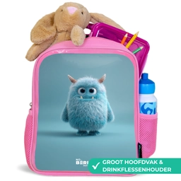 Blauw pluizig monster met hoorns Kinderrugzak - Roze middel -inhoud_NL