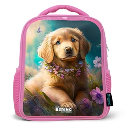 Goudkleurige puppy in het gras Kinderrugzak - Roze middel -3d