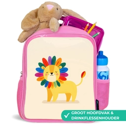 Leeuw - Kleurrijke manen - Beige Kinderrugzak - Roze middel -inhoud_NL