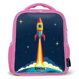 Planeet - Raket - Sterren - Donkerblauw Kinderrugzak - Roze middel -3d