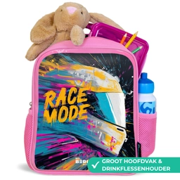 Racehelm - Verfspatten - Penseelstreken - Race mode Kinderrugzak - Roze middel -inhoud_NL