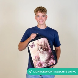 Kat - Paars - Vlinders - Bloemen Rugzak - Zwart middel -sfeer7_NL