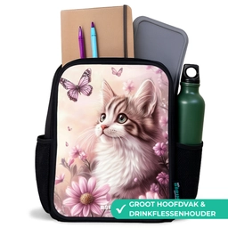 Kat - Paars - Vlinders - Bloemen Rugzak - Zwart middel -inhoud_NL
