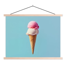 Bolletjes - Schepijs - Hoorntje - Blauw textielposter latten blank klein -3d