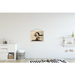 Gezicht - Bloemen - Zwart - Vrouw textielposter latten blank klein -kinderkamer