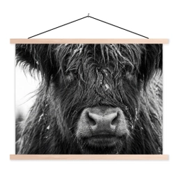Schotse hooglander - Zwart - Wit - Sneeuwvlokken textielposter latten blank klein -3d