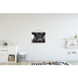 Schotse hooglander - Zwart - Wit - Sneeuwvlokken textielposter latten blank klein -kinderkamer