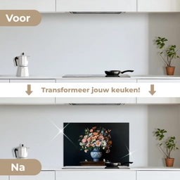 Hout - Vaas - Kleuren - Bloemen keuken achterwand spatscherm klein -voor_na_NL