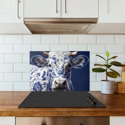 Koe - Delfts - Blauw - Artistiek keuken achterwand spatscherm klein -sfeer2