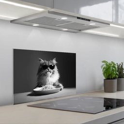 Langharige kat - Zonnebril - Spaghetti - Humor - Zwart - wit keuken achterwand spatscherm klein -3d_schuin