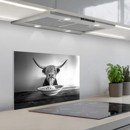 Schotse Hooglander - Spaghetti - Dieren - Zwart wit keuken achterwand spatscherm klein -3d_schuin