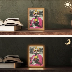 Vrouw - Kat - Bloemen - Kopje - Retro Light Box met kabel (Tafellamp) klein -sfeer3