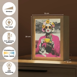 Vrouw - Kat - Bloemen - Kopje - Retro Light Box met kabel (Tafellamp) klein -USP_NL