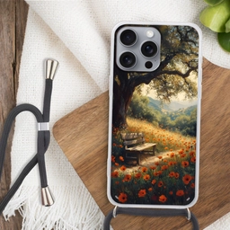 Bankje - Boom - Klaprozen - Heuvels Hoesje iPhone 16 Pro Max met koord klein -sfeer4