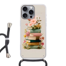 Boeken - Stapel - Bloemen - Kleurrijk Hoesje iPhone 16 Pro Max met koord klein -3d
