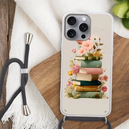 Boeken - Stapel - Bloemen - Kleurrijk Hoesje iPhone 16 Pro Max met koord klein -sfeer4
