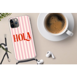 Hola - Quote -  Strepen - Pastel - Roze - Rood - Wit Hoesje iPhone 12 Pro met koord klein -oordop