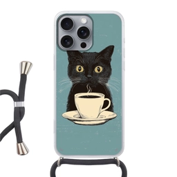 Kat - Zwart - Koffie - Minimalistisch Hoesje iPhone 16 Pro Max met koord klein -3d