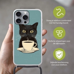 Kat - Zwart - Koffie - Minimalistisch Hoesje iPhone 16 Pro Max met koord klein -sfeer2_NL