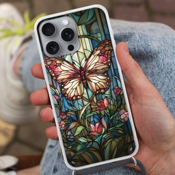 Vlinder - Roze - Bloemen - Bladeren Hoesje iPhone 16 Pro Max met koord klein -sfeer3