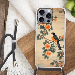 Vogel - Tak - Bloemen - Oranje Hoesje iPhone 16 Pro Max met koord klein -sfeer4