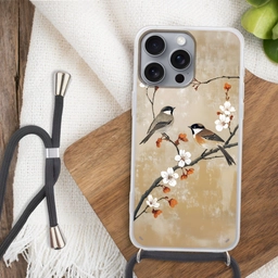 Vogels - Bloesemtak - Bloemen - Oranje Hoesje iPhone 16 Pro Max met koord klein -sfeer4