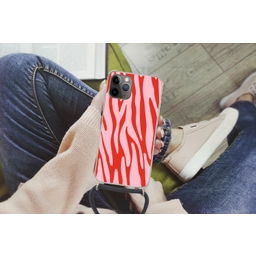 Zebraprint - Roze - Rood - Dierenprint Hoesje iPhone 12 Pro met koord klein -hand