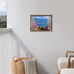 Doorkijk - Berg - Landschap - Uitzicht - Meer tuinposter los doek klein -sfeer8
