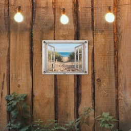 Doorkijk - Strand - Zee - Duinen - Zand - Water - Helmgras tuinposter los doek klein -sfeer1