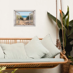 Doorkijk - Strand - Zee - Duinen - Zand - Water - Helmgras tuinposter los doek klein -sfeer7