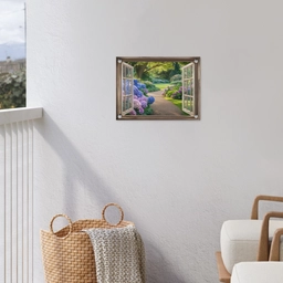 Doorkijk - Tuin - Raam - Hortensia - Bloemen tuinposter los doek klein -sfeer8