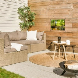 Zonnestralen in een groen bos tuinposter los doek klein -sfeer4