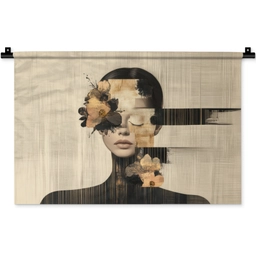 Gezicht - Bloemen - Zwart - Vrouw Wandkleed katoen klein -zz3d