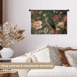 Groene papegaai - Kleurrijke bloemen - Donkere achtergrond Wandkleed katoen klein -sfeer1