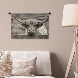 Schotse hooglander - Zwart - Wit - Hout Wandkleed katoen klein -sfeer4