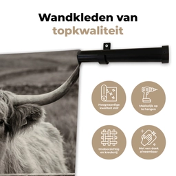 Schotse hooglander - Zwart - Wit - Hout Wandkleed katoen klein -sfeer2