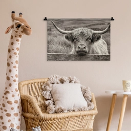 Schotse hooglander - Zwart - Wit - Hout Wandkleed katoen klein -wsfeer5_kind
