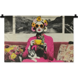 Vrouw - Kat - Bloemen - Kopje - Retro Wandkleed katoen klein -zz3d