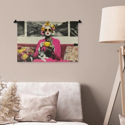 Vrouw - Kat - Bloemen - Kopje - Retro Wandkleed katoen klein -sfeer4