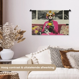 Vrouw - Kat - Bloemen - Kopje - Retro Wandkleed katoen klein -sfeer1