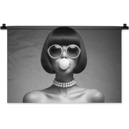 Vrouw - Zwart Wit - Ketting - Zonnebril Wandkleed katoen klein -zz3d