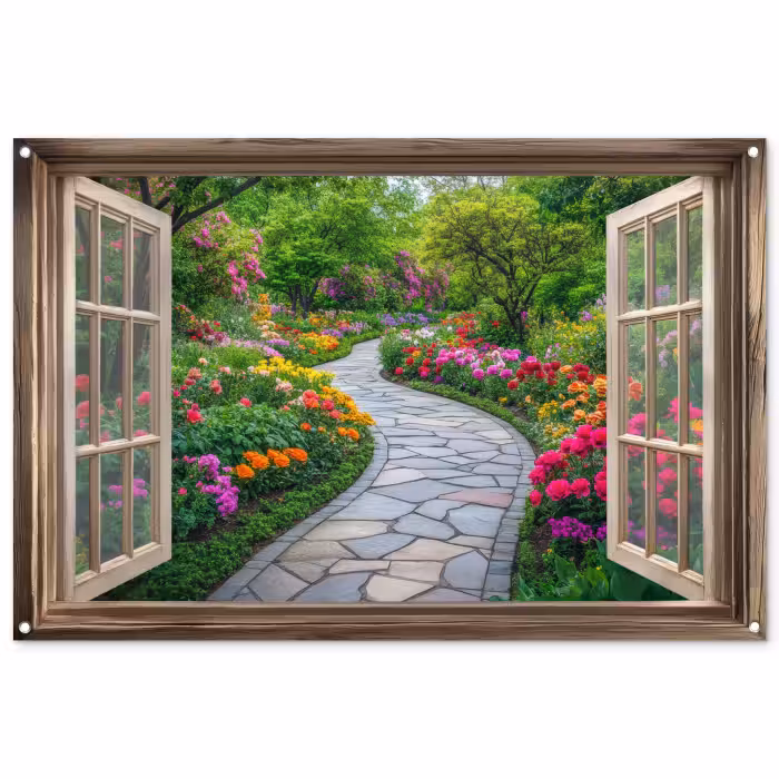 Tuinposter - Doorkijk - Bloemen - Tuinpad - Natuur - Raam