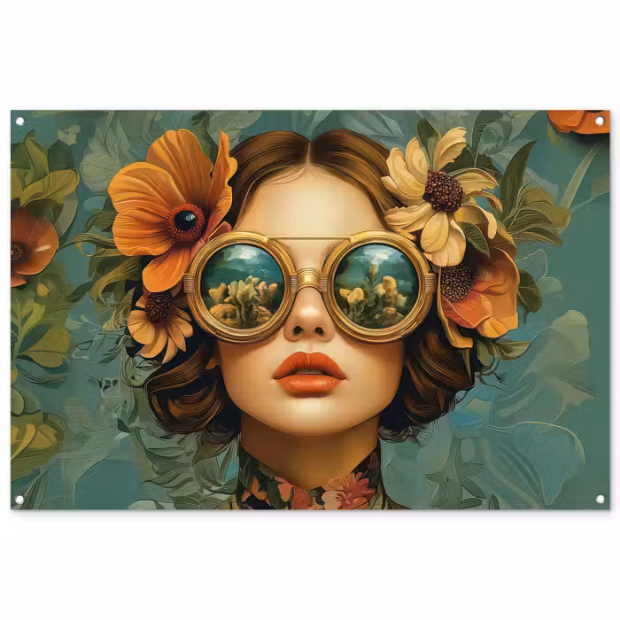 Tuinposter - Vrouw - Bloemen - Vlinders - Natuur - Vintage