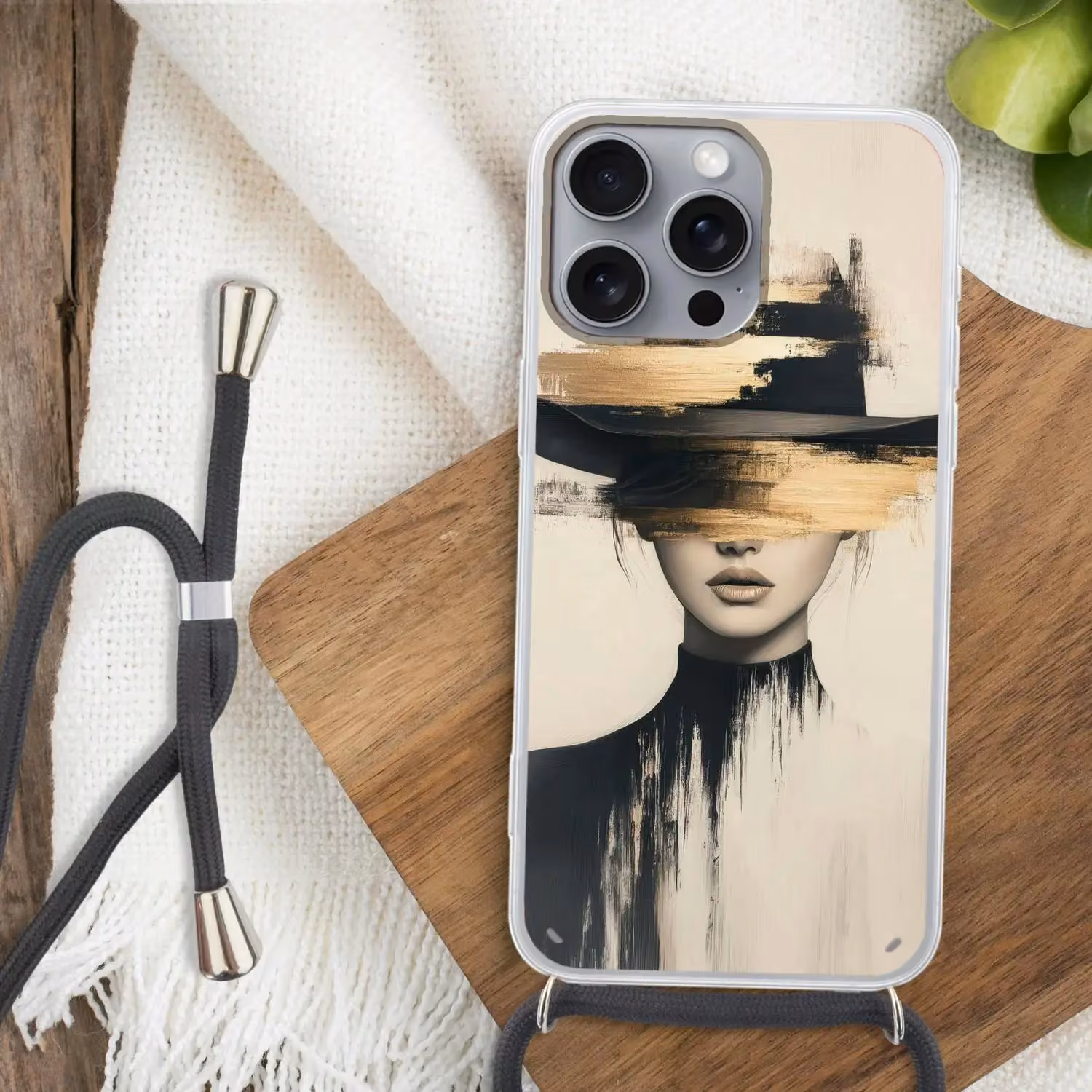 Telefoonhoesje met koord - Vrouw - Hoed - Abstract - Verf