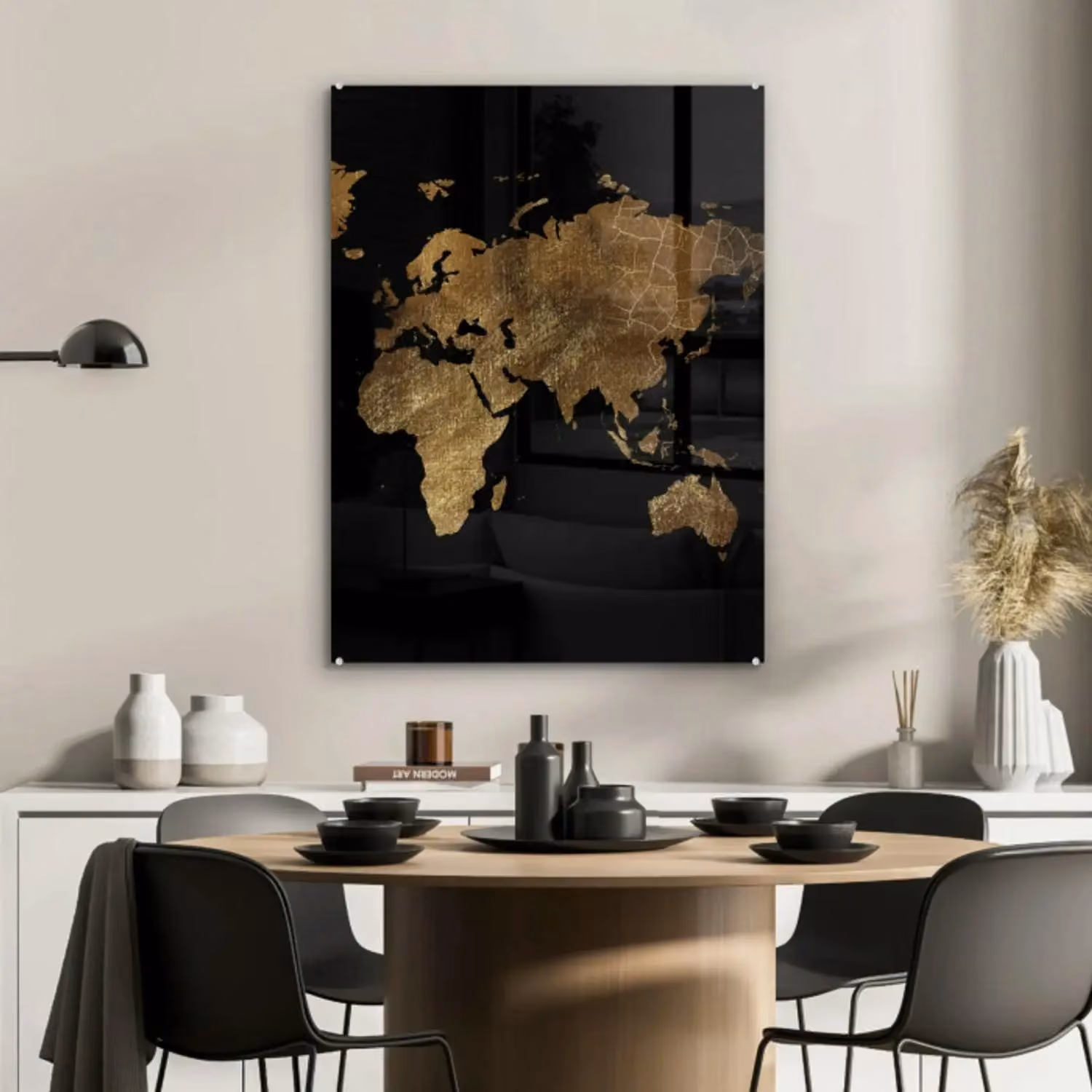 Glas schilderij - Wereldkaart - Goud - Luxe - Aarde - Zwart