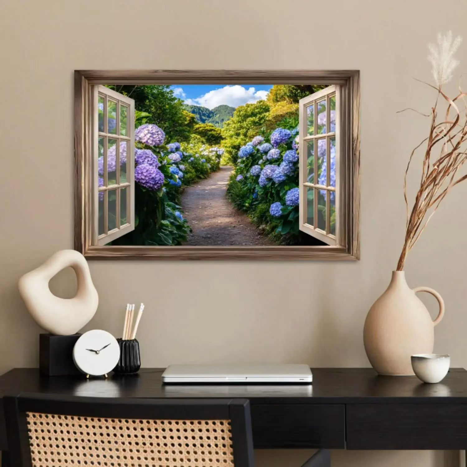 Poster – Doorkijk - Hortensia - Pad - Natuur